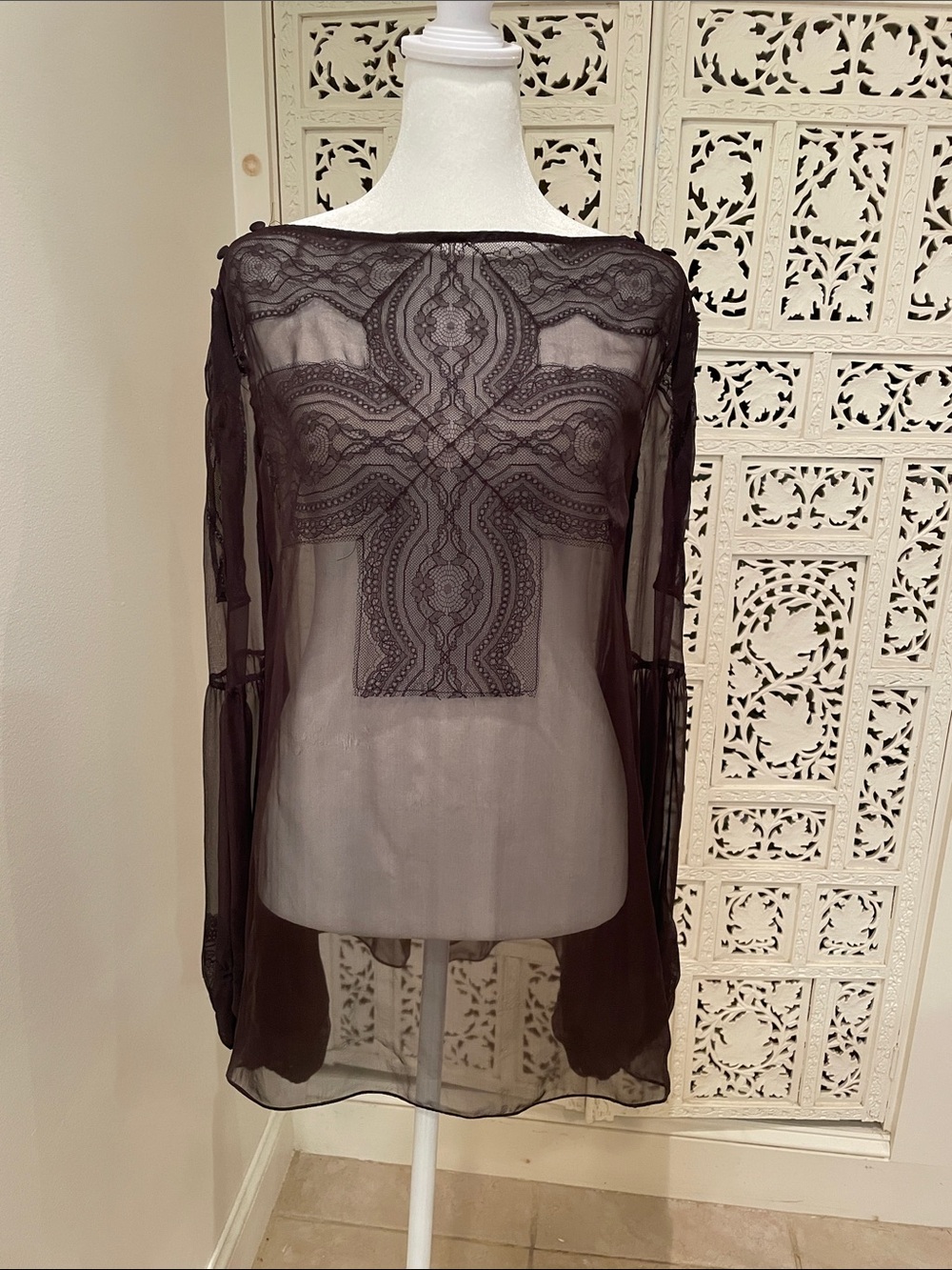 Givenchy Black Sheer Embroidered Long-Sleeve Blouse